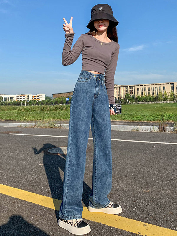 Casual High Waisted Split-Joint Jean Pants Bottoms