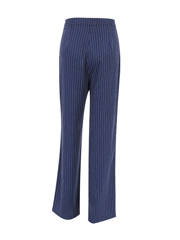 Buttoned Striped High Waisted Wide Pants Trousers Pants