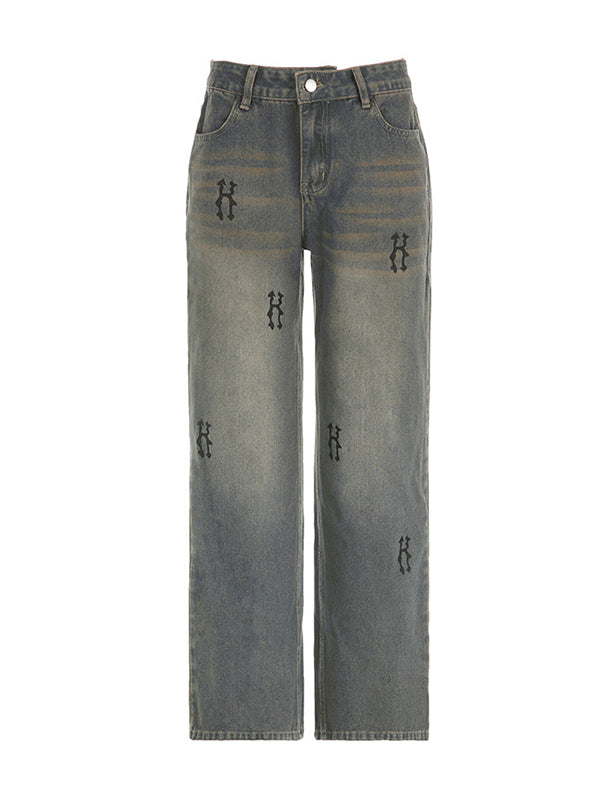 Distressed Letter Print Wide Leg Low Rise Jeans