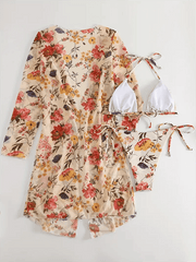 Women's Floral Print Halterneck Triangular Cup Sun Protection Cover-Up Bikini Three-Piece Set
