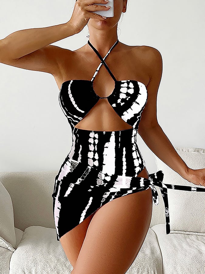 Hollow Out Printed Swimsuit Three Piece Set