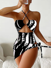 Hollow Out Printed Swimsuit Three Piece Set