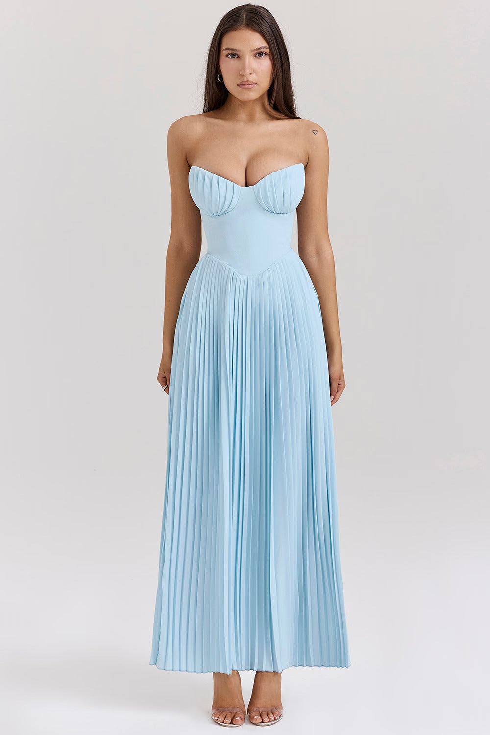 Blue Strapless Slimming Pleated Tight Dress