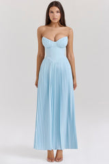 Blue Strapless Slimming Pleated Tight Dress