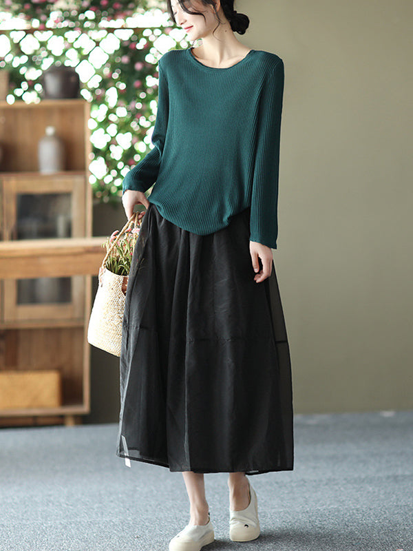 Simple Loose Solid Color Split-Joint Bubble Skirt
