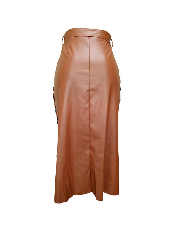 Buttoned Split-Side Tied Waist Bodycon High-Low Skirts Bottoms