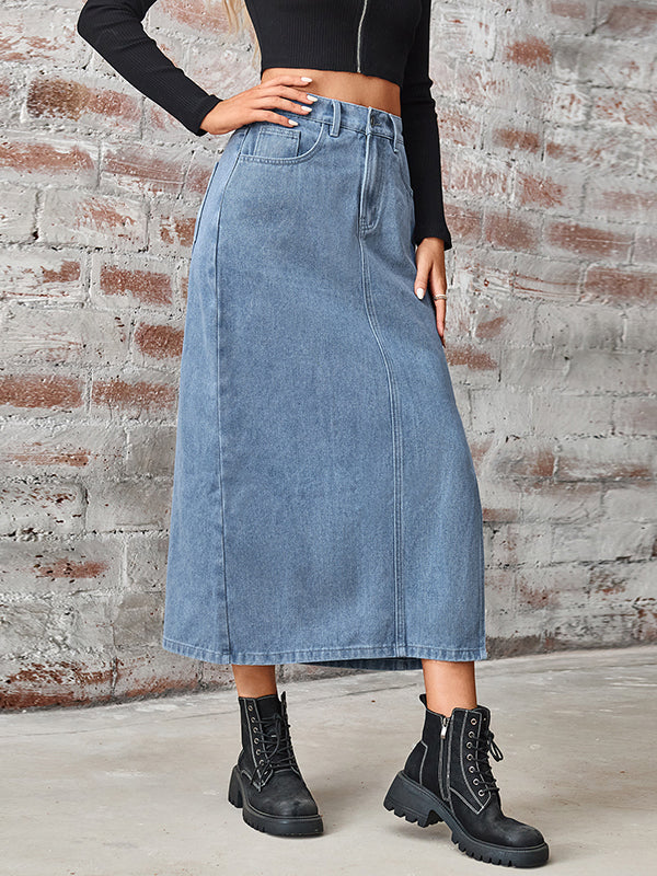 Elasticity Pockets Split-Side A-Line High Waisted Skirts Bottoms