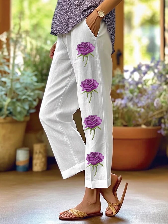 Women's Art Floral Loose  Pockets Casual Pants