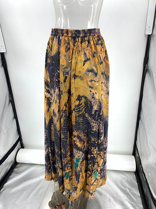 Contrast Color Flower Print Loose Wrap Skirts Bottoms