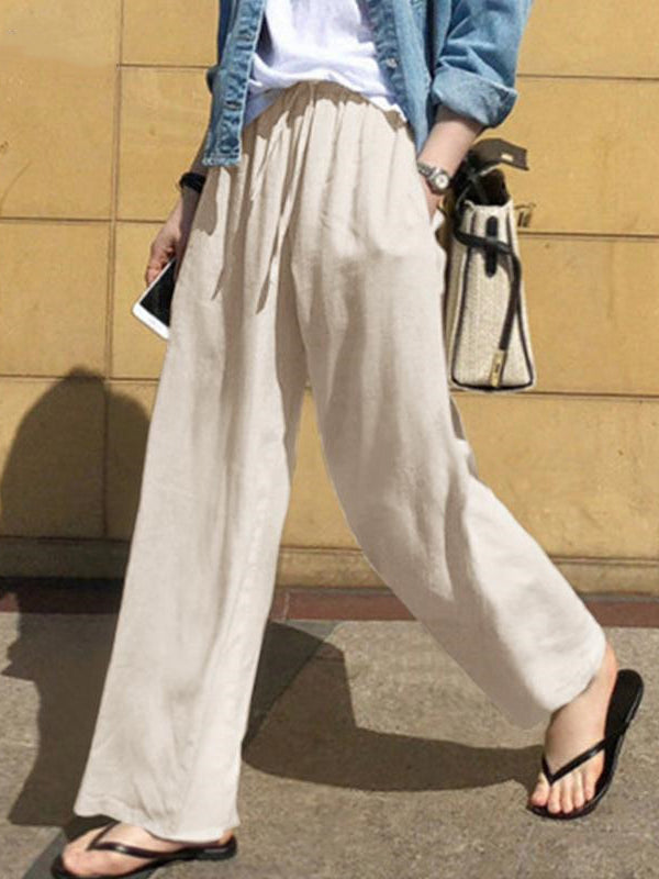 Drawstring Pockets Solid Color High Waisted Loose Trousers Pants