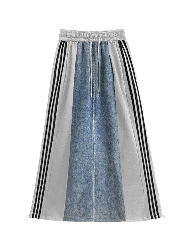Contrast Color Drawstring Split-Joint Striped A-Line Loose Skirts Bottoms