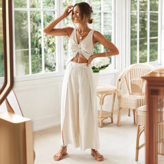 Women's Fashion Drawstring Short Sleeve Top Wide Leg Suit