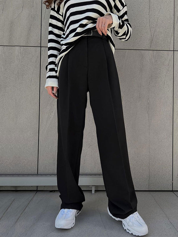 No Belt Solid Color High Waisted Loose Trousers Suit Pants