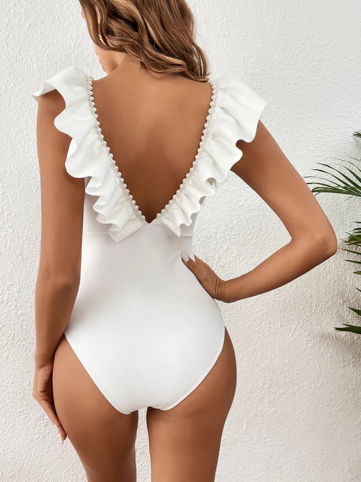 Pure White beads Mesh One Piece Swimsuit