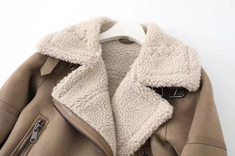 Fleece Suede Fur Jacket in Taupe & Black