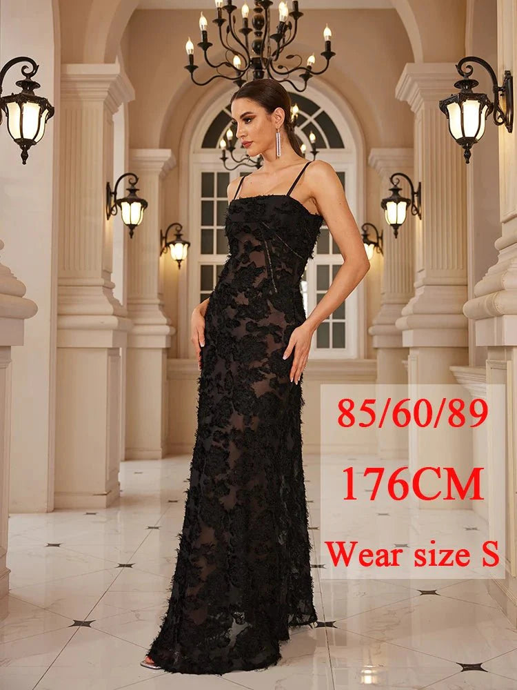 Elegant Black Floral Appliqué Maxi Dancing Dress
