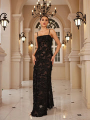 Elegant Black Floral Appliqué Maxi Dancing Dress