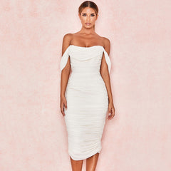 Côte Elegant Cowl Neck off Shoulder Cocktail Midi Dress