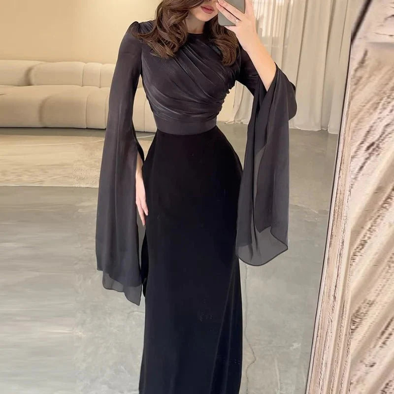 Elegant Satin Batwing Sleeve Ankle-Length Dress