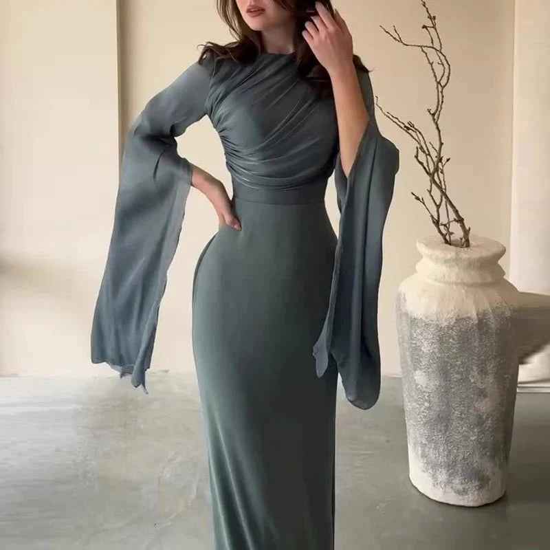 Elegant Satin Batwing Sleeve Ankle-Length Dress