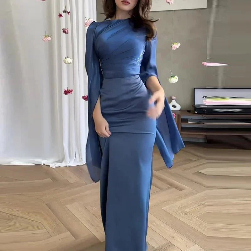 Elegant Satin Batwing Sleeve Ankle-Length Dress
