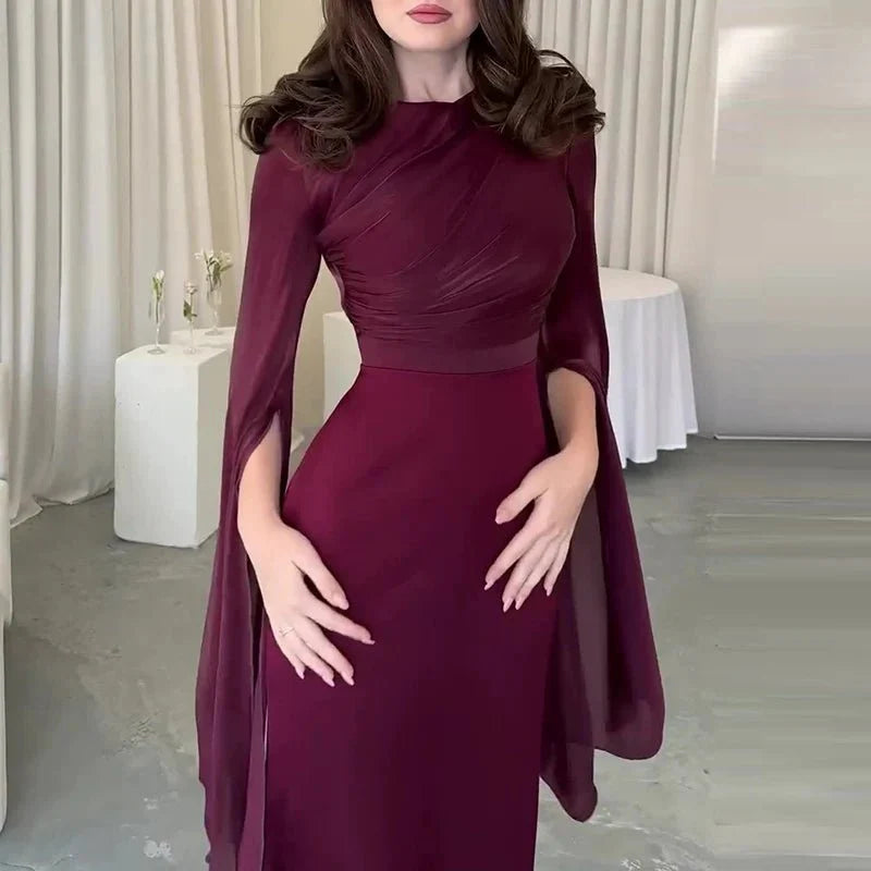 Elegant Satin Batwing Sleeve Ankle-Length Dress