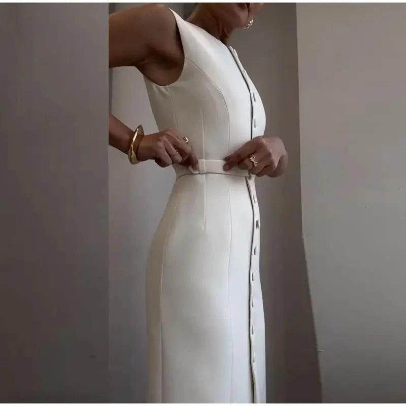 Elegant Sleeveless Belted Mid-Calf Dress