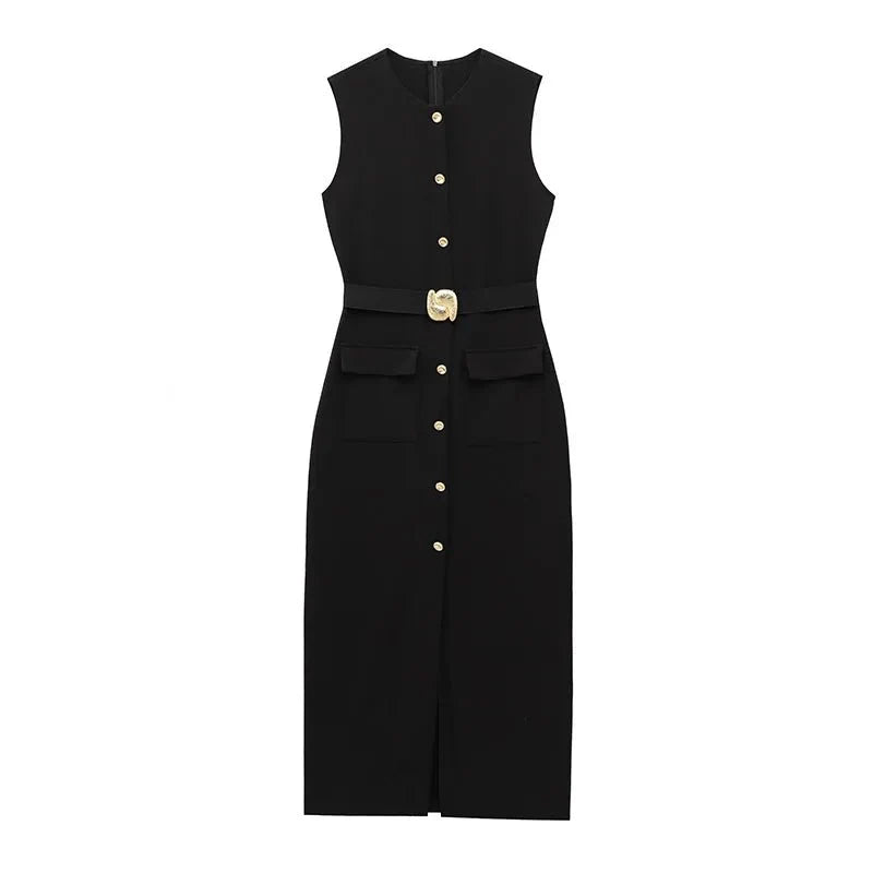 Elegant Sleeveless Belted Mid-Calf Dress