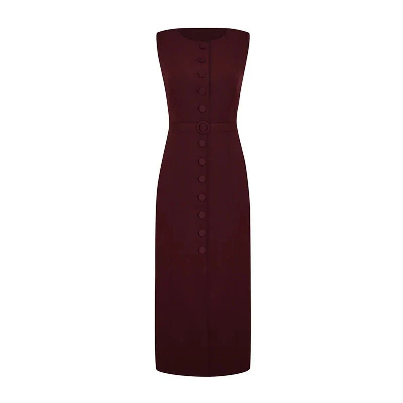 Elegant Sleeveless Belted Mid-Calf Dress