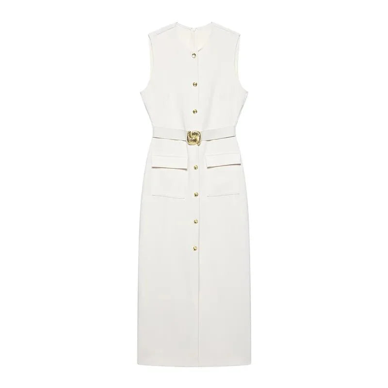 Elegant Sleeveless Belted Mid-Calf Dress