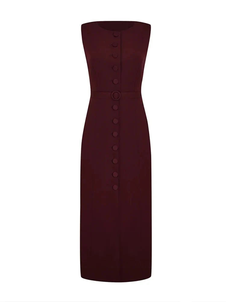 Elegant Sleeveless Belted Mid-Calf Dress