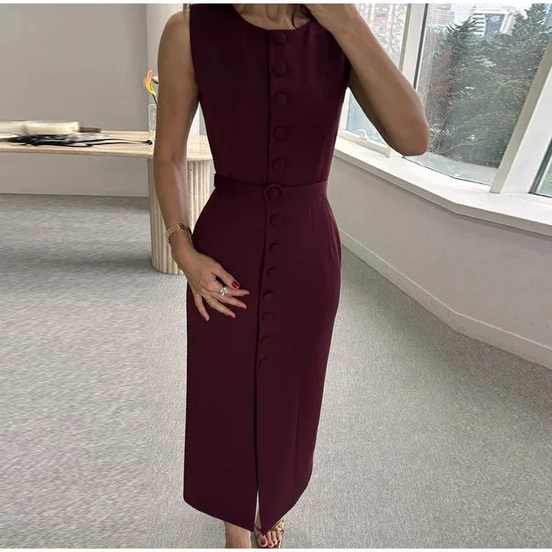 Elegant Sleeveless Belted Mid-Calf Dress