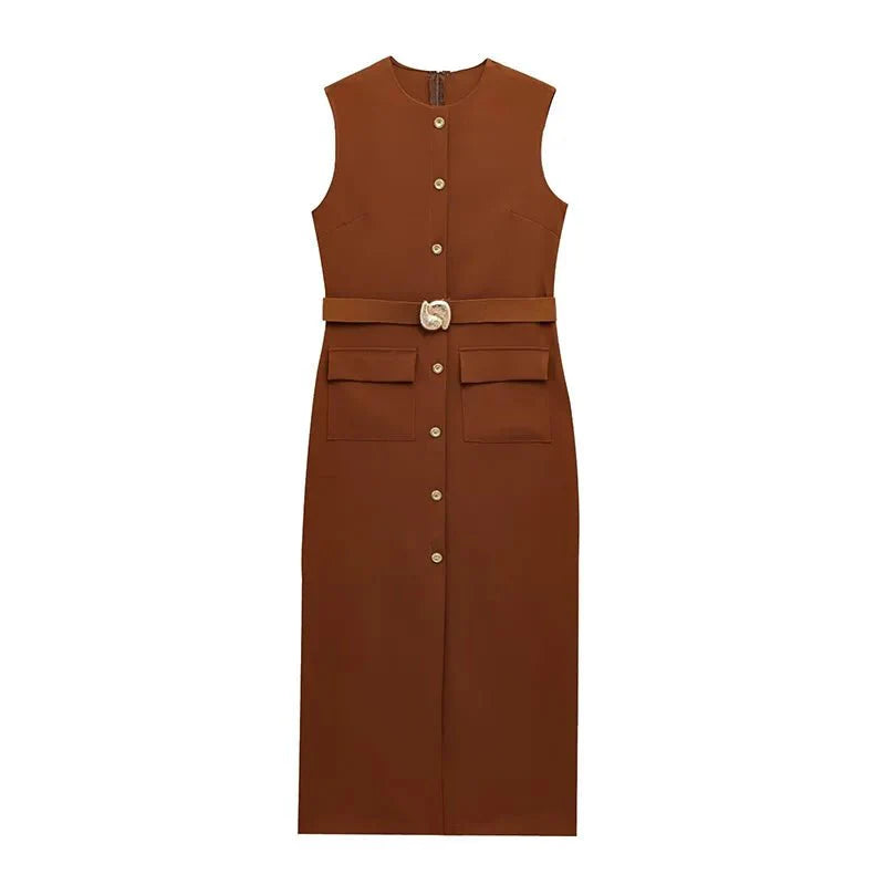 Elegant Sleeveless Belted Mid-Calf Dress