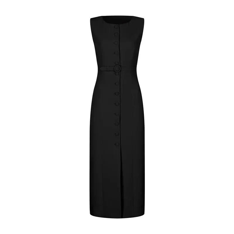 Elegant Sleeveless Belted Mid-Calf Dress