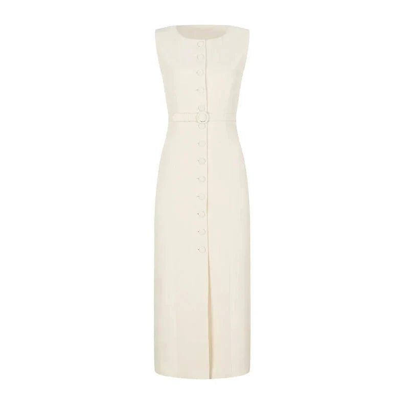 Elegant Sleeveless Belted Mid-Calf Dress