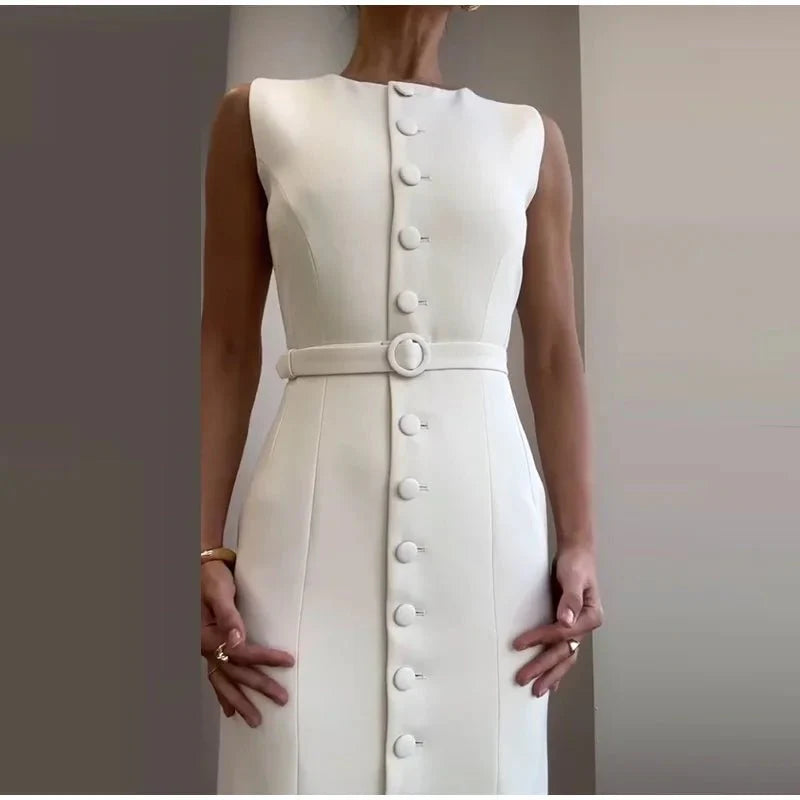 Elegant Sleeveless Belted Mid-Calf Dress