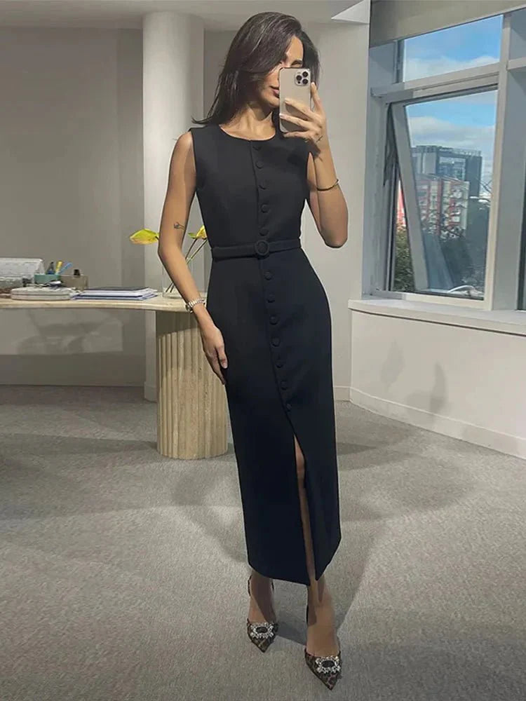 Elegant Sleeveless Belted Mid-Calf Dress