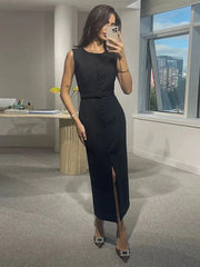 Elegant Sleeveless Belted Mid-Calf Dress