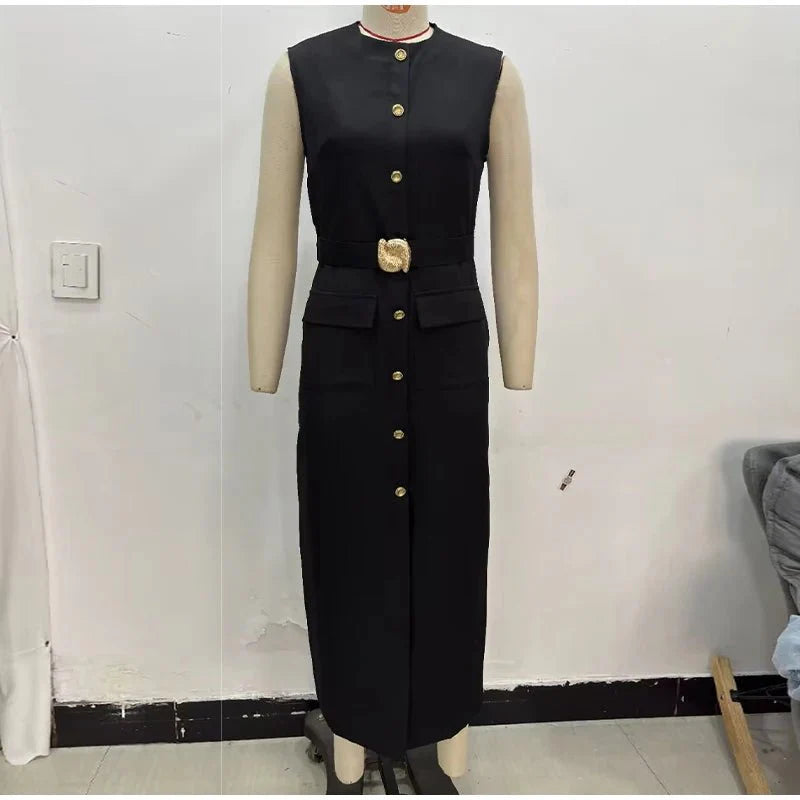 Elegant Sleeveless Belted Mid-Calf Dress