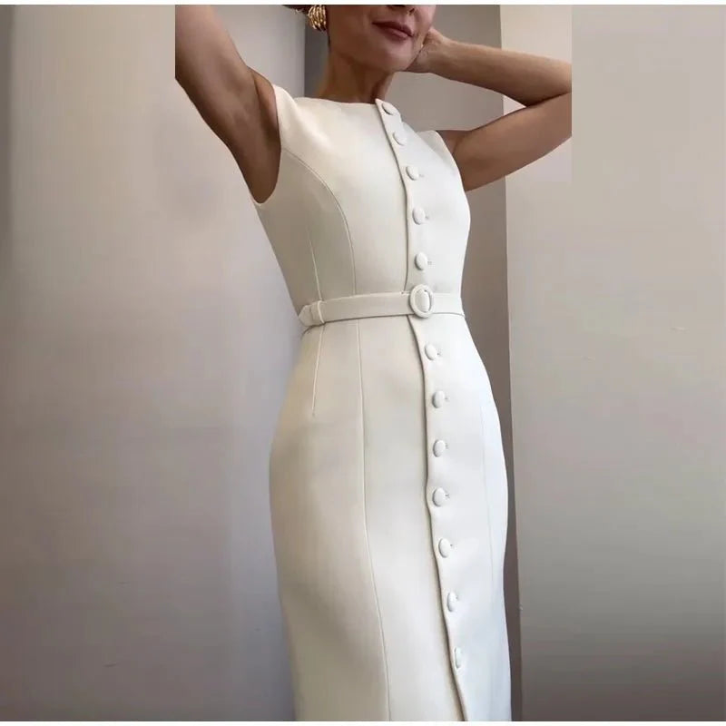 Elegant Sleeveless Belted Mid-Calf Dress