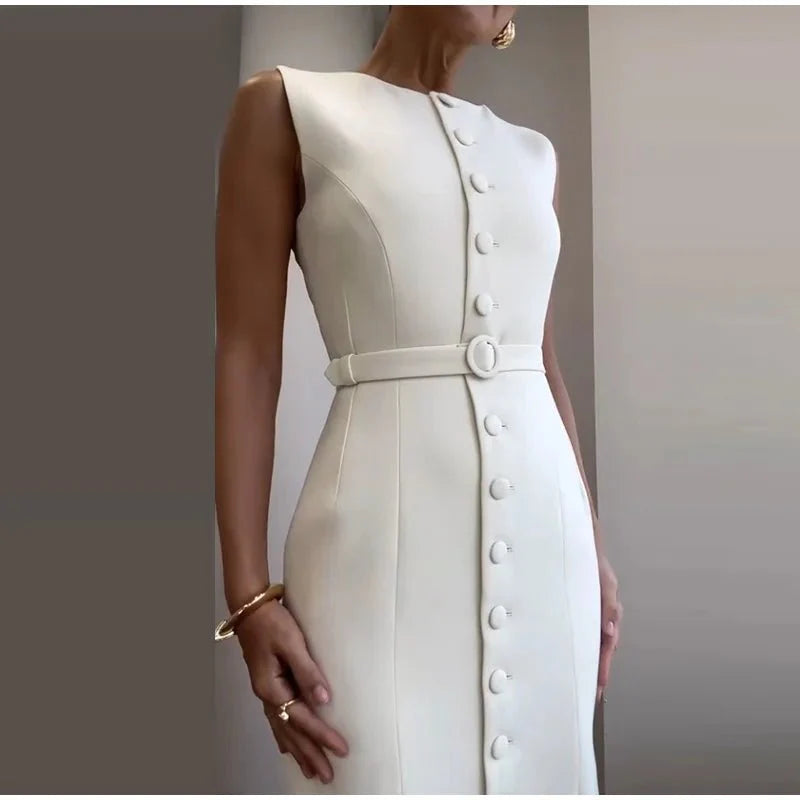 Elegant Sleeveless Belted Mid-Calf Dress