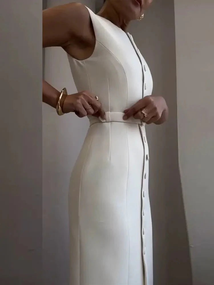 Elegant Sleeveless Belted Mid-Calf Dress