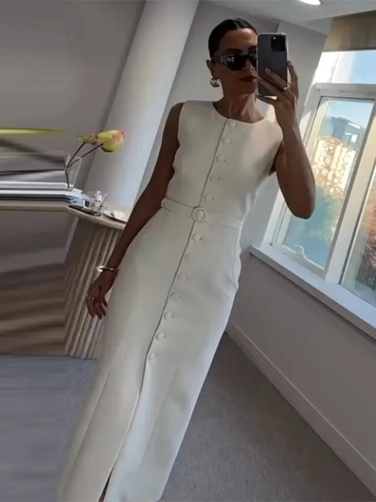 Elegant Sleeveless Belted Mid-Calf Dress