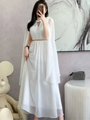 Elegant White Bohemian Ankle-Length Chiffon Dress