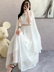Elegant White Bohemian Ankle-Length Chiffon Dress
