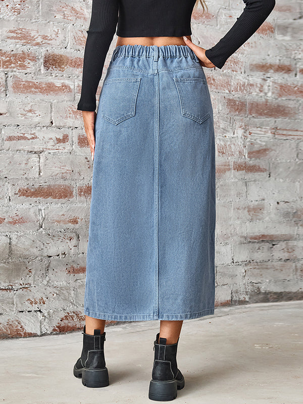 Elasticity Pockets Split-Side A-Line High Waisted Skirts Bottoms