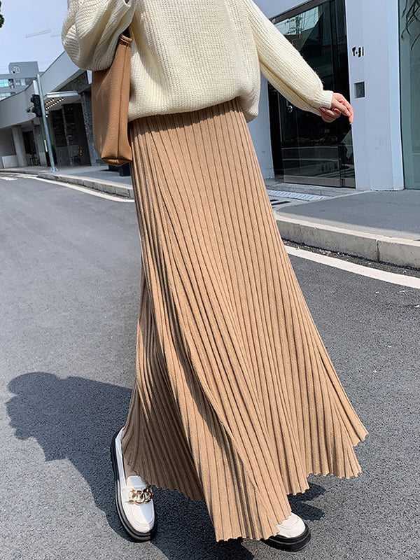 Pleated Solid Color A-Line High Waisted Skirts Bottoms