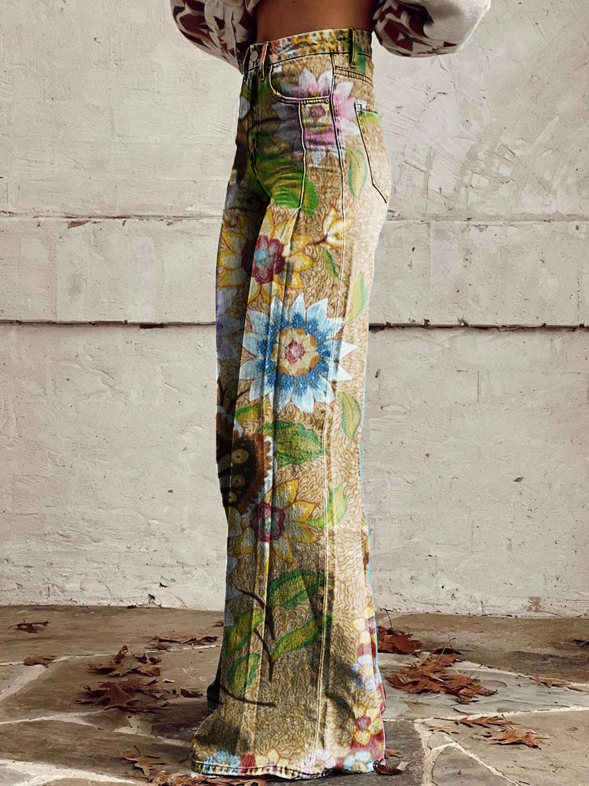 Women's Vintage Butterfly Floral Print Wide Leg Pants
