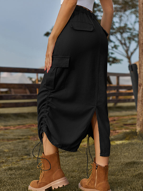 Drawstring Elasticity Pockets Solid Color Split-Back A-Line Loose Skirts Bottoms