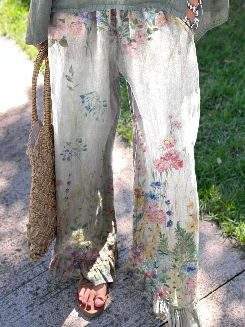 Women's Vintage Botanical Floral Printed Cotton And Linen Casual Pants